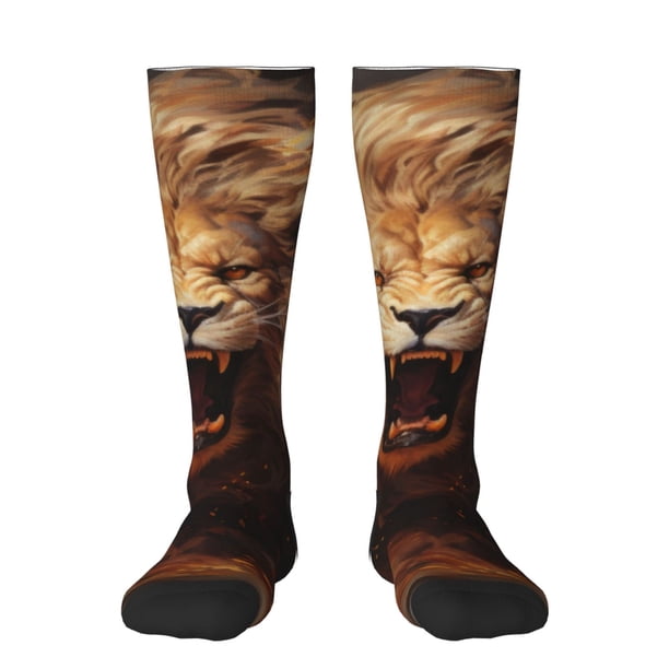 Fotbe Cool Fire Lion Calcetas Divertidas Estampadas para Hombre y Mujer, Calcetas de Algodón hasta la Rodilla para Caminar, Correr, Enfermería y Embarazo