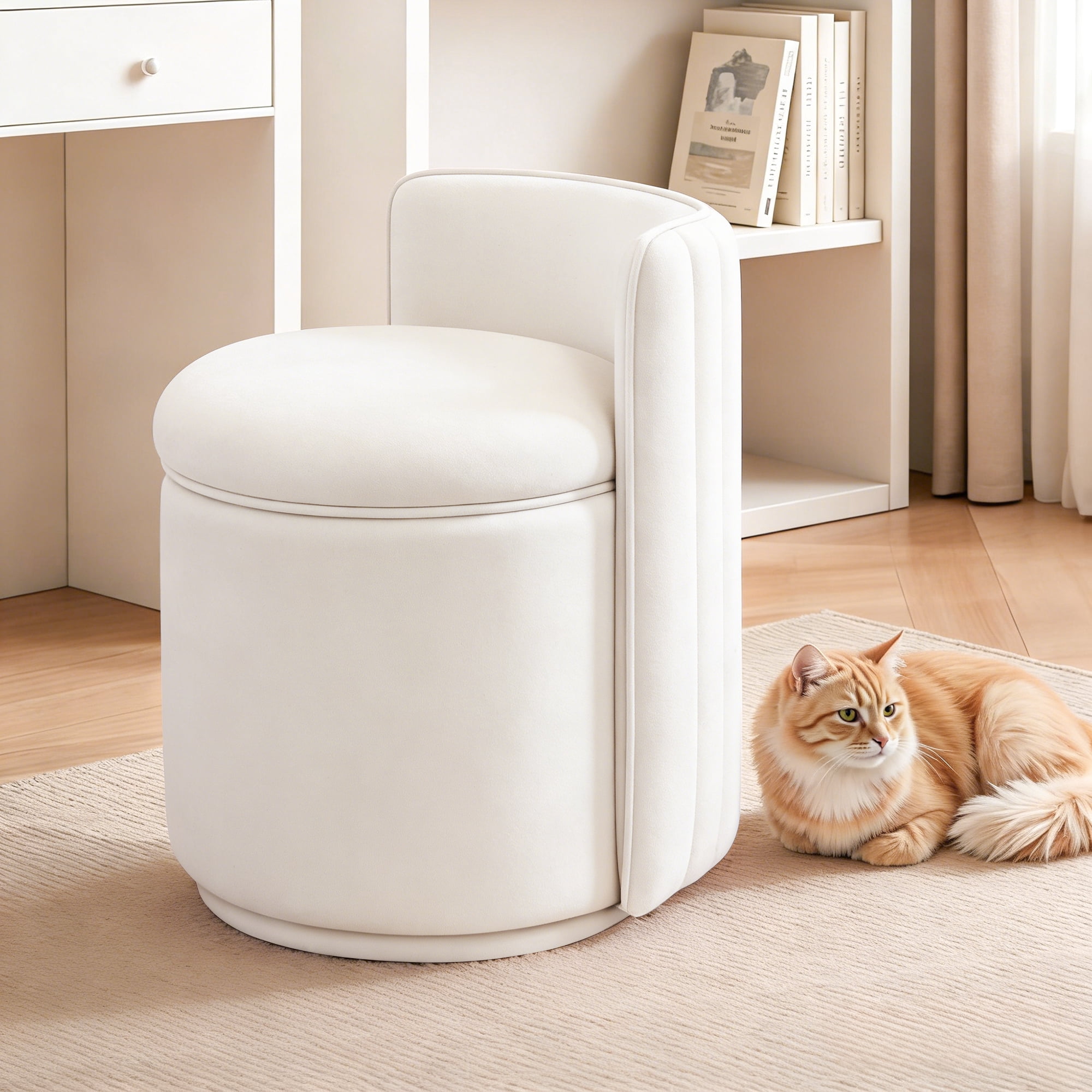 ATHOPE Vanity Chair with Storage, Velvet 360° Swivel Chair with Back, Modern Round Upholstered Bedroom Chair, Comfy Makeup Chair for Dressing, Living Room, No Assembly Required, Beige