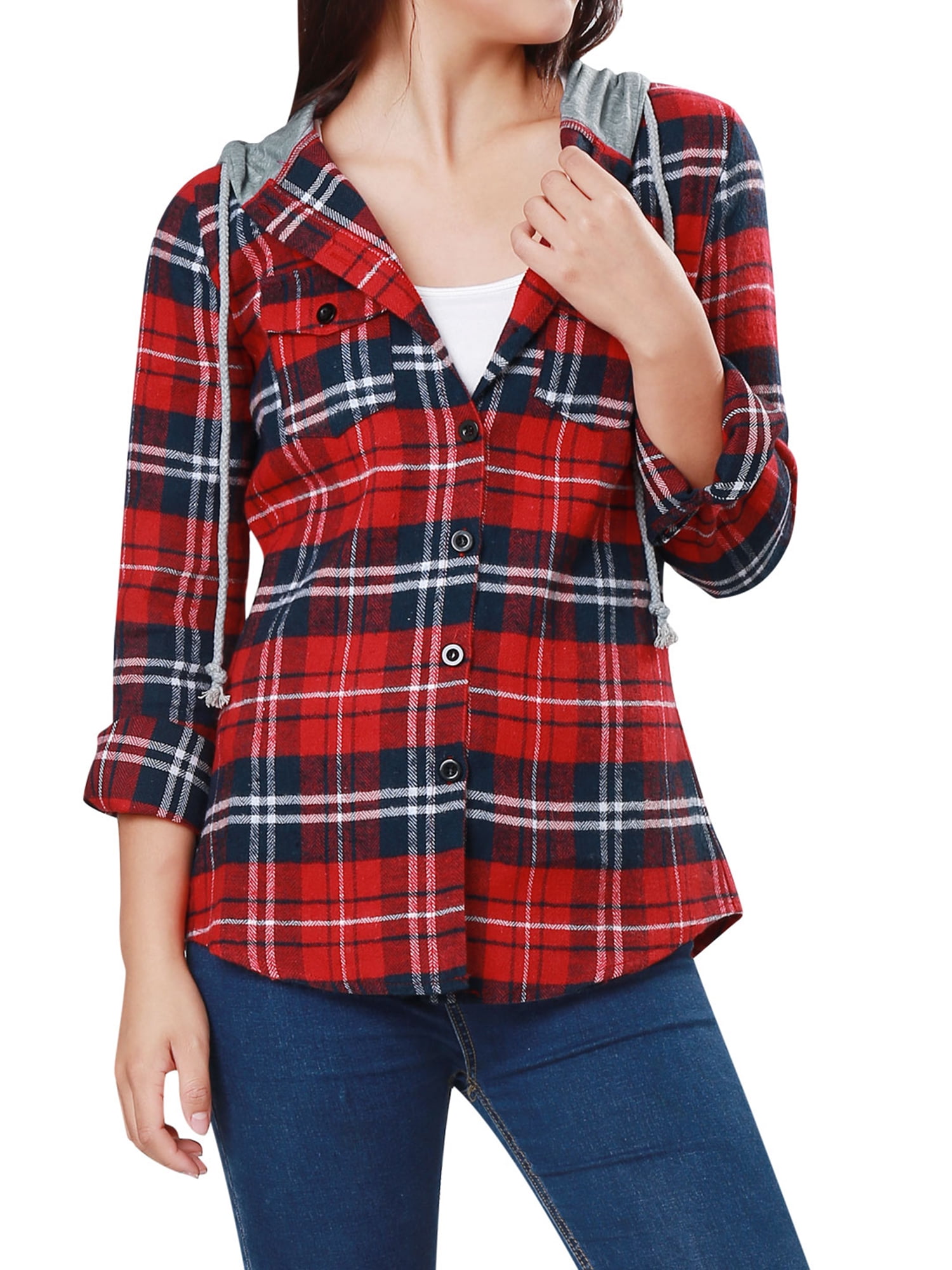 hooded button front check sweatshirt