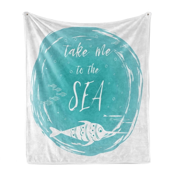 Saying Soft Flannel Fleece Throw Blanket, Take Me to the Sea Lettering in Grunge Round Frame with Abstract Fish, Cozy Plush for Indoor and Outdoor Use, 50" x 60", Dark Seafoam and White, by Ambesonne