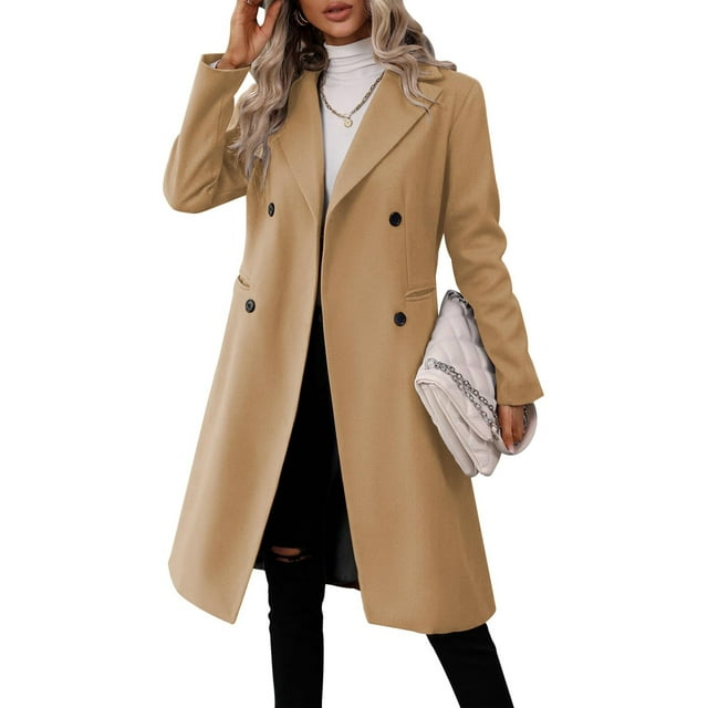 Womens Wool Blend Coat, Long Double Breasted Solid Color Trench with Notch Lapel, Classic and Timeless Winter Outerwear for Work and Formal EventsCamelM
