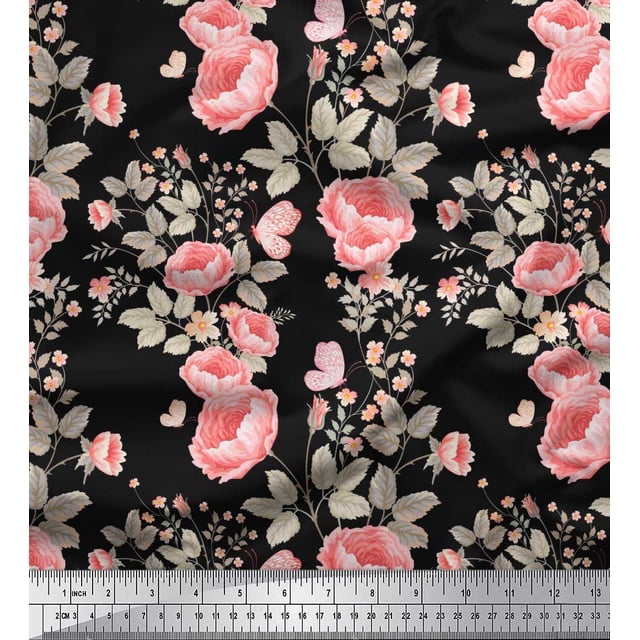 Soimoi Black Moss Georgette Fabric Leaves,Insect & Floral Artistic Print Fabric by The Yard 42 Inch Wide