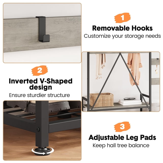 Kojooin Solid Wood Coat Rack,Hall Tree With Bench and Shoe Storage Parent-Child Coat Rack Shoe Bench Industrial Coat Tree Entryway Large Organizer With Shoe Rac Coat Hanger Stand