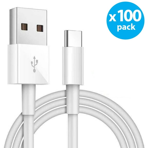 Borz 100-PACK USB to USB-C Cable Charging Cord Data Transfer & Sync Compatible With USB-C Devices, Universal, White, 3FT