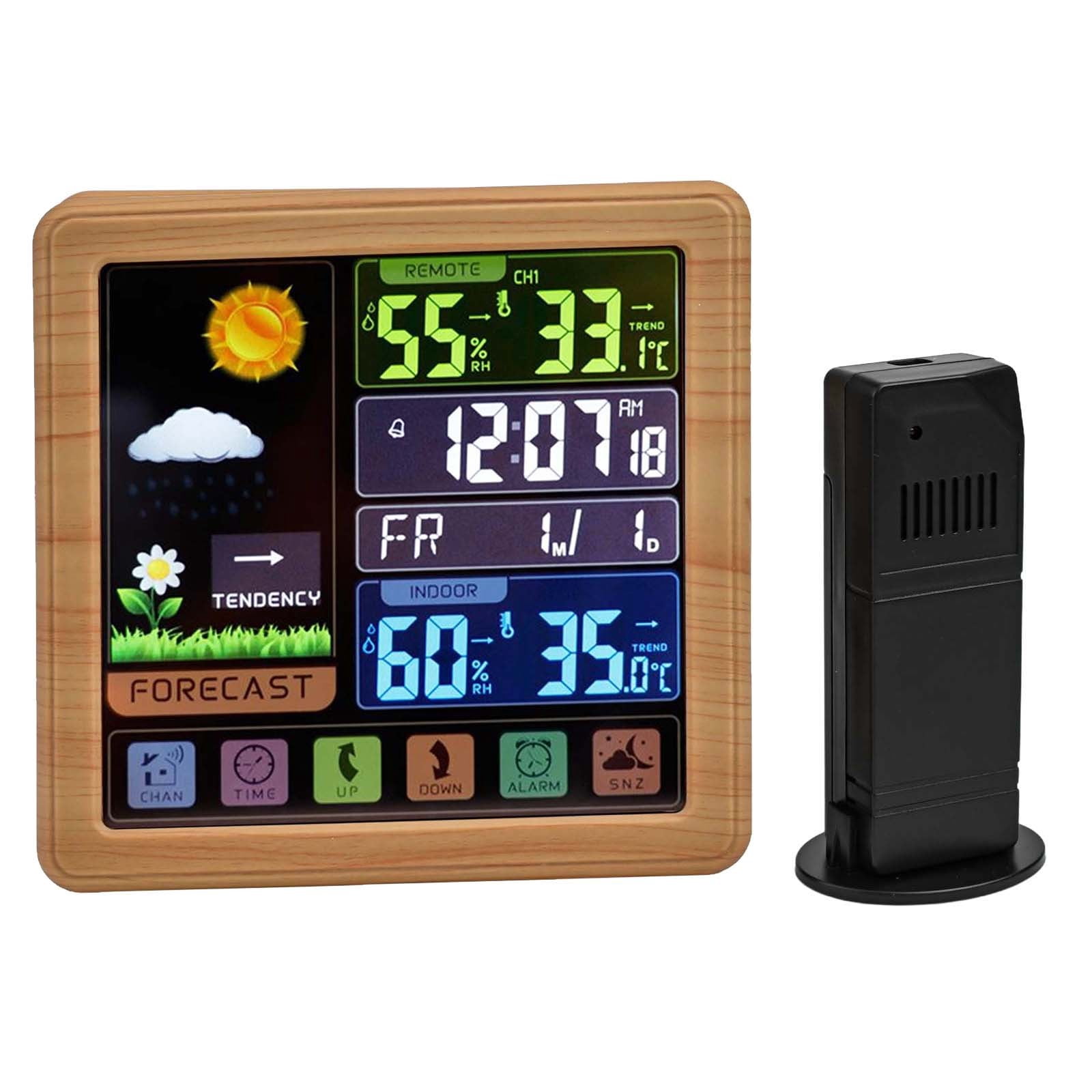 Indoor Outdoor Weather Station with Touch Screen Clock, Temperature and Humidity Monitor, Wood Grain Color, 4-Level Weather Forecast