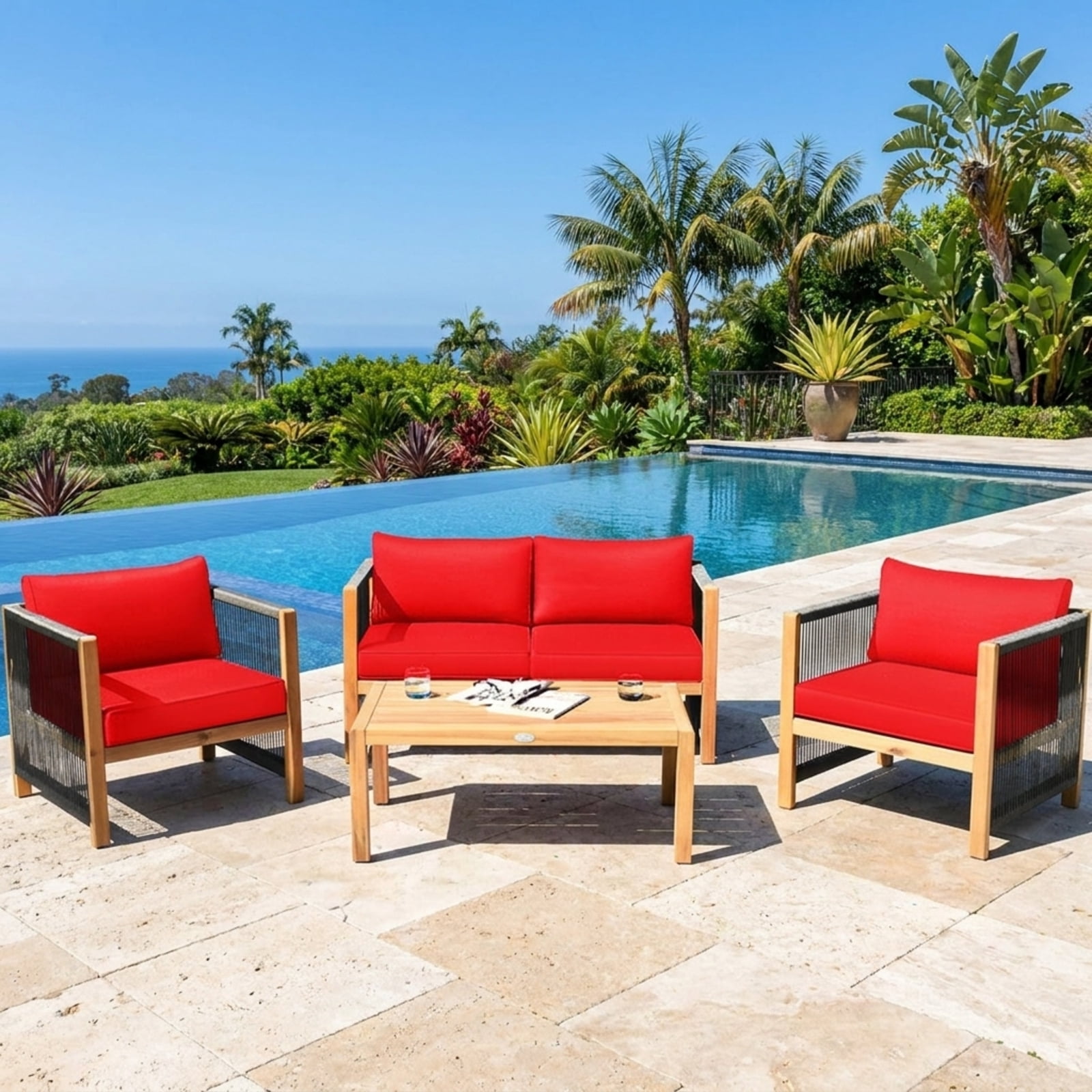 Furnibear 4 Piece Outdoor Patio Furniture Set Acacia Wood Conversation Set with Cushioned Loveseat Chairs and Coffee Table for Backyard, Red