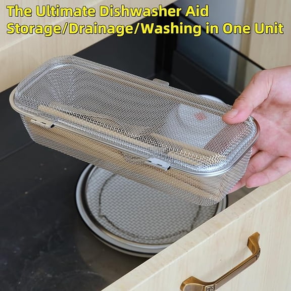 Dishwasher Organizer Basket for Small Parts, Stainless Steel Silverware Holder to Prevent Loss of Utensils & Lids