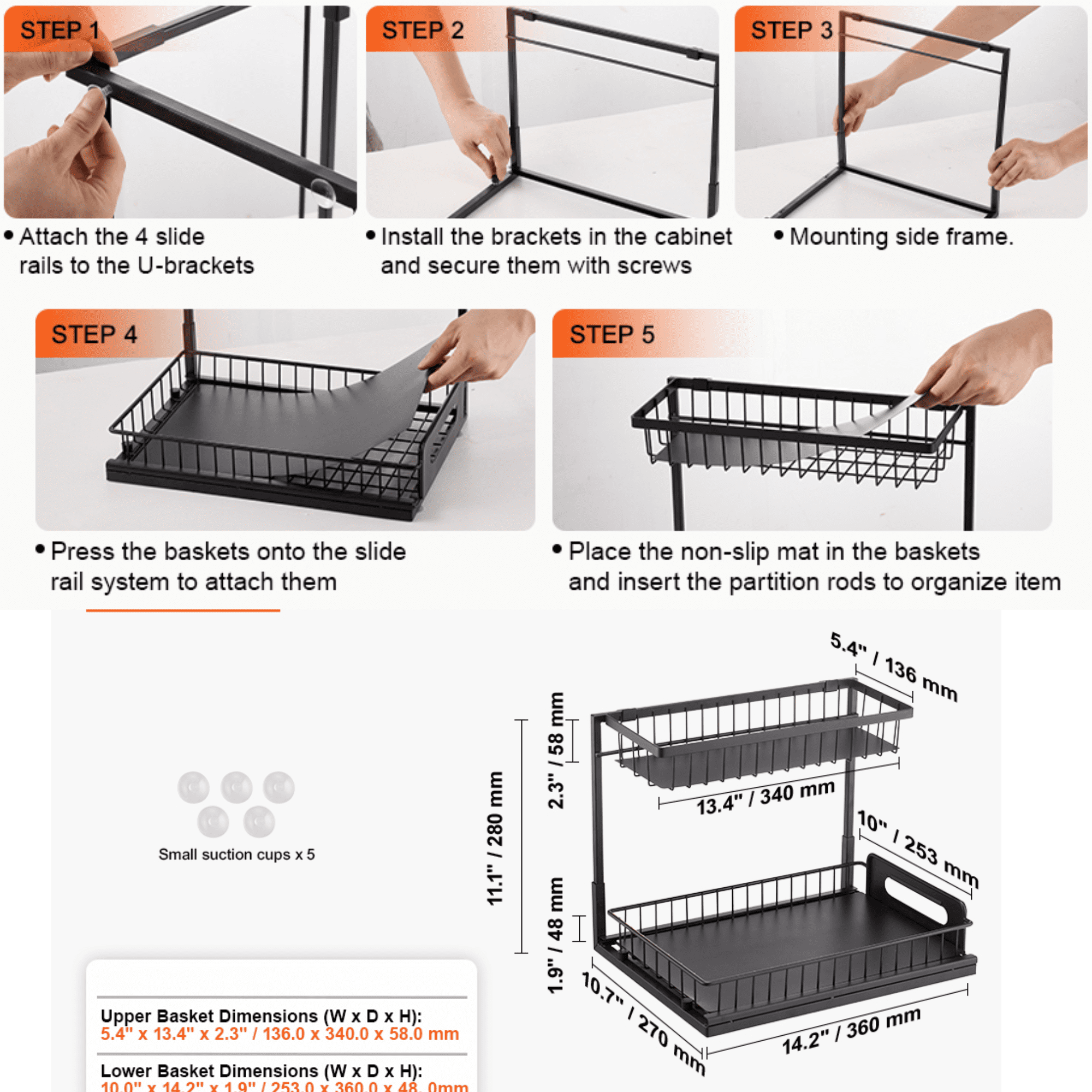 2 Tier Pull Out Cabinet Organizer, 10.7” W x 14.2” D Under Sink Slide Out Drawer, Wire Basket Sliding Shelf for Kitchen & Bathroom Cabinet Storage
