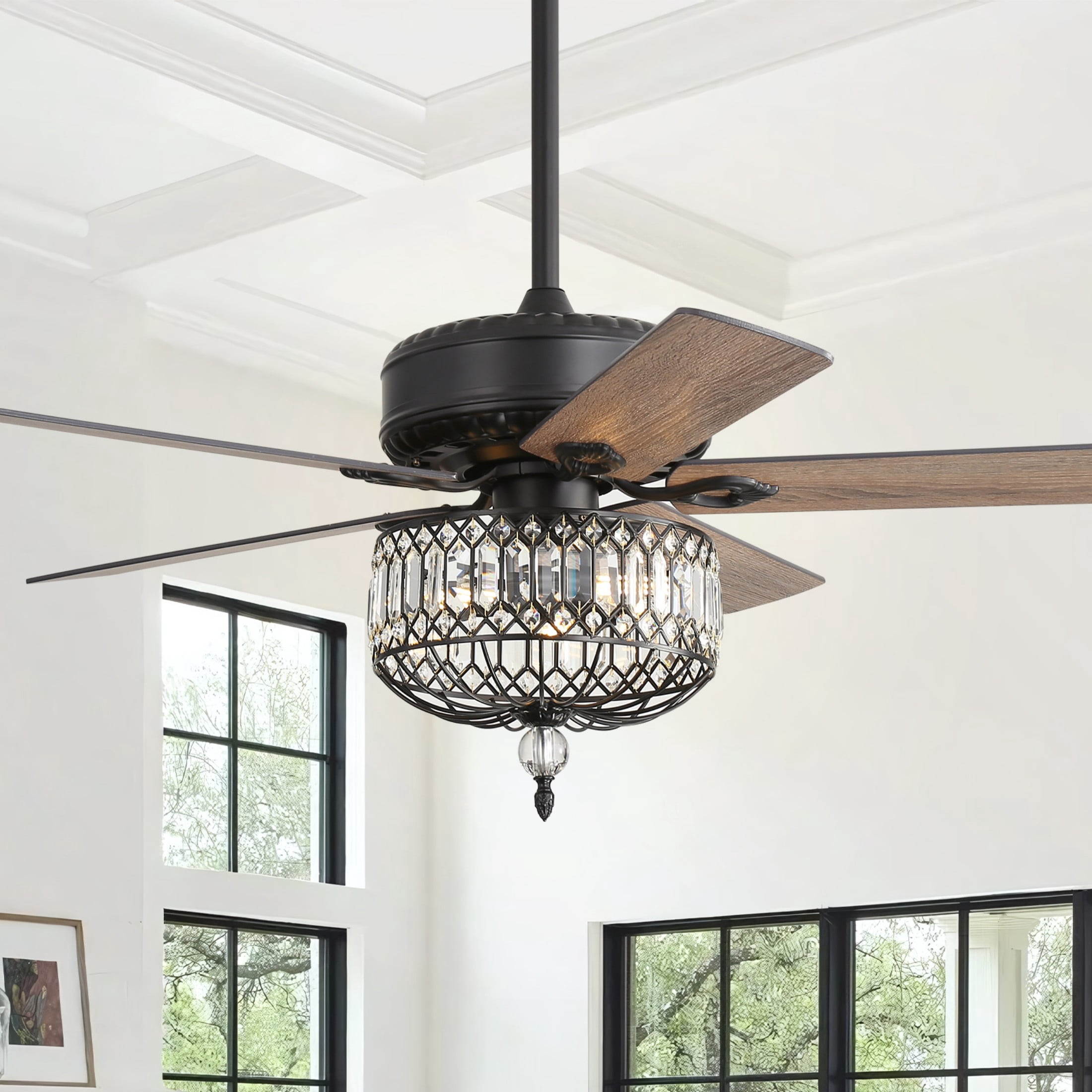 Sofucor 52-Light Chandelier Crystal Fan Light Indoor Ceiling Fan with Silent Reversible Motor
