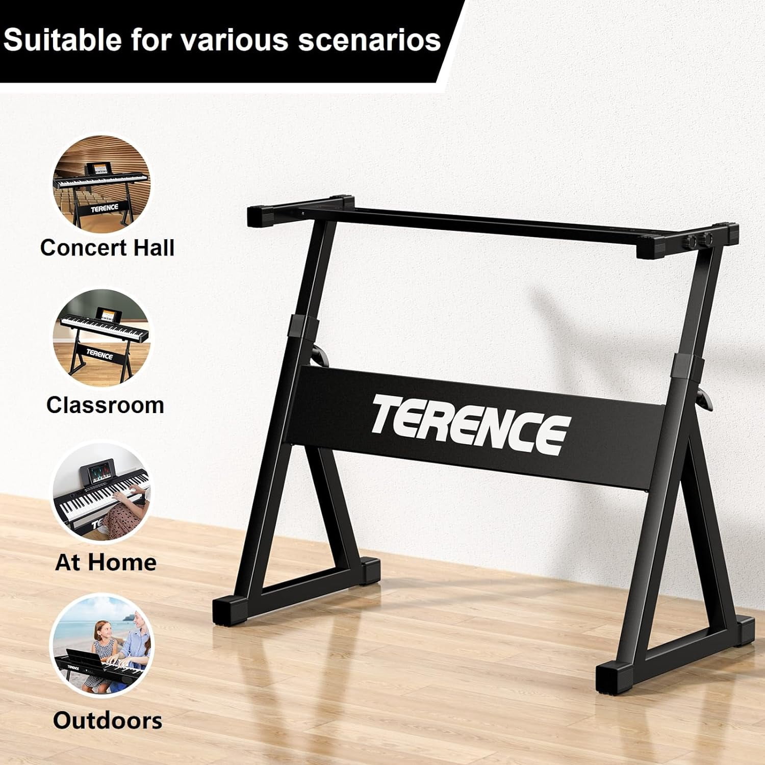 TERENCE Keyboard Stand, Adjustable and Portable Z-style Piano Keyboard Stand, Heavy-Duty Piano Stand Suitable for 54-88 Key Electric Keyboards Digital Pianos (Black)