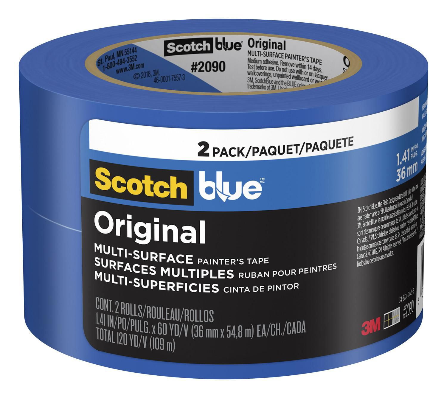 ScotchBlue™ Original Painter's Tape 2090-36CC2-CA, 1.41 in x 60 yd (36 mm x 54.8 m), 2 Pack