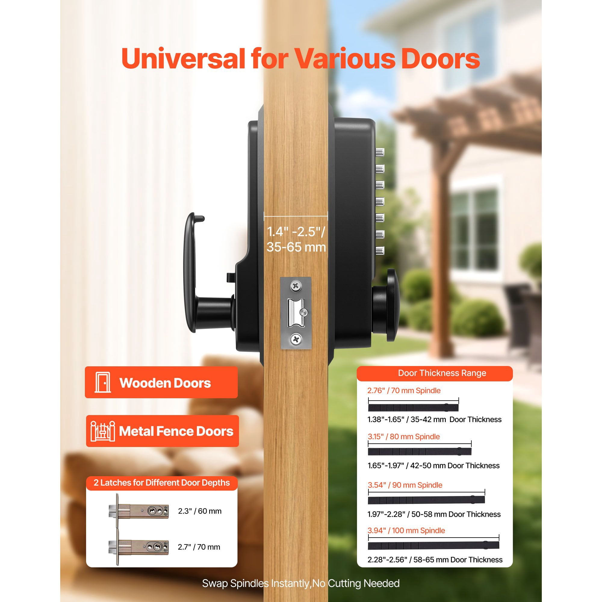 Mechanical Keyless Door Lock Gen2 Single-Sided 4-7 Digit Code No Batteries 1.4-2.5 Inch Door Thickness for Front Gate Garden Garage