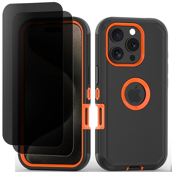 Hotpom Phone Case for iPhone 16 Pro Heavy Duty Shockproof Dustproof Case with Privacy Screen Protector tempered glass, Black/ Orange