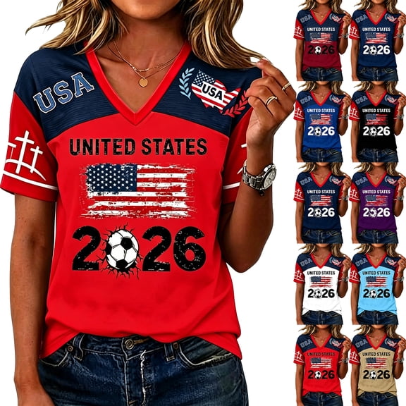 Soccer Cup 2026 Jersey USA Soccer for Women with Vintage USA Flag Print and V Neck Short Sleeves Featuring Breathable Fabric for Game Day Parties Beach Outings Black L