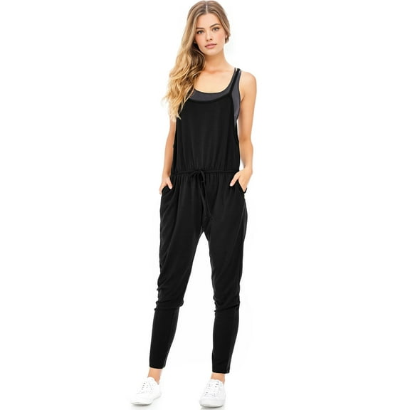Ambiance Womens Juniors Casual Jogger Jumpsuit (Black, Small)
