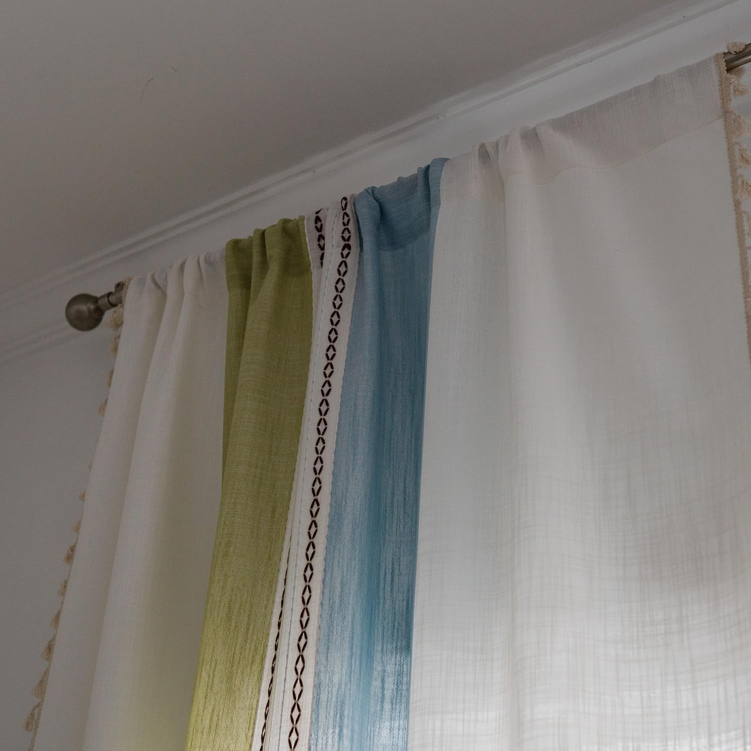 AIGIA Boho Linen Curtains for Bedroom Living Room Semi Blackout Farmhouse Tassels Bohemian Embroidery Drape Rod Pocket 1 Panel