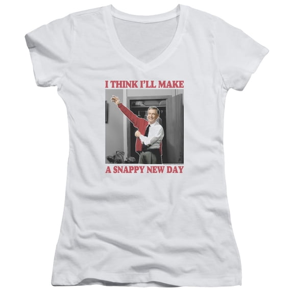 Mister Rogers A Snappy New Day Junior Women's V-Neck T-Shirt White