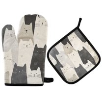 Yayeee Oven Mitts and Pot Holder Set of 2 Heat Resistant Kitchen Gloves Baking Hot Pad, White Cute Cats