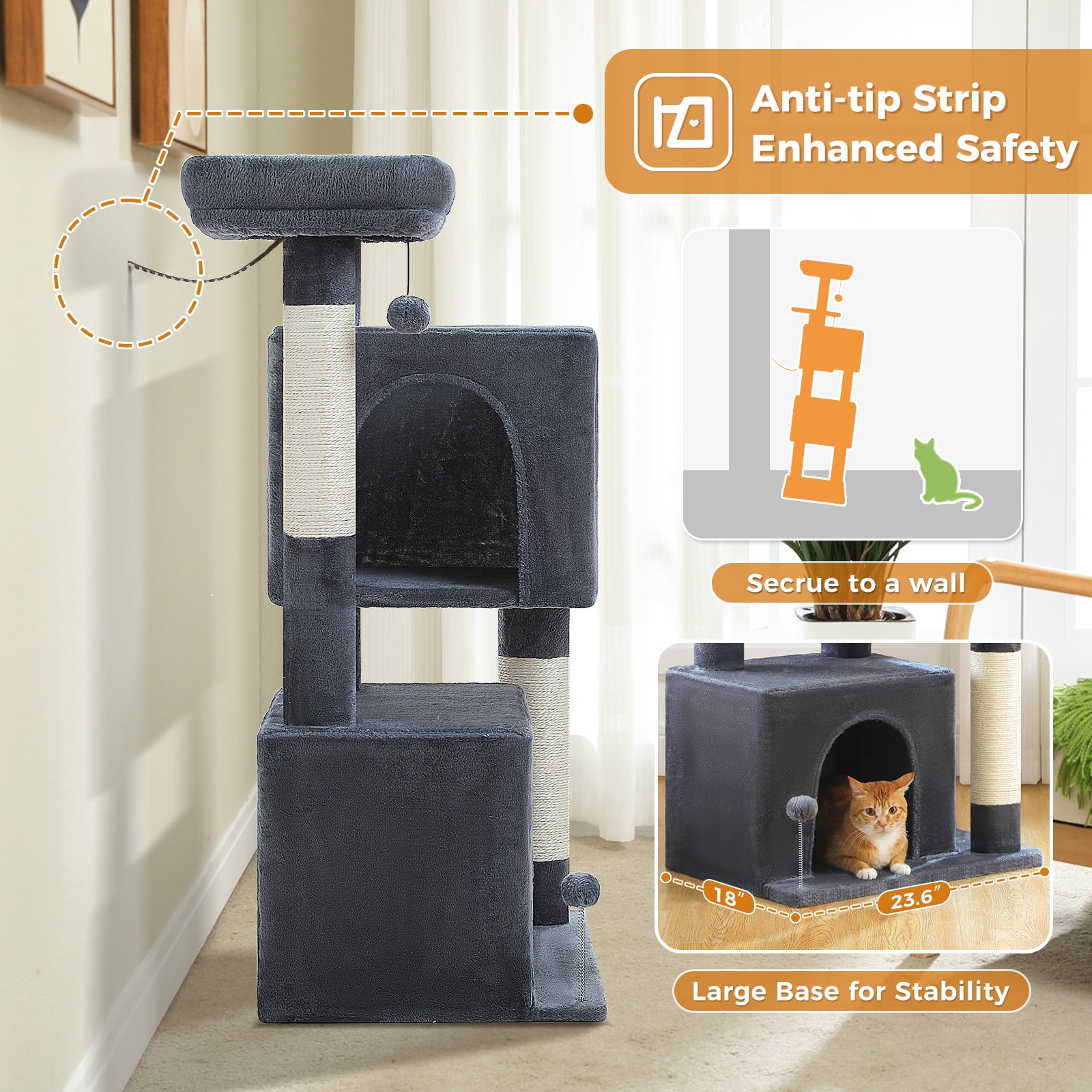 Pefilos 43" Cat Tree Tower for Adult Cats, Stable Cute Sisal Cat Climb Holder Cat Condo for Indoor Cats Lamb, Dark Gray