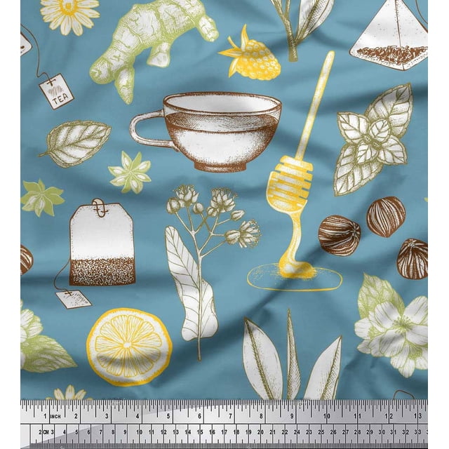 Soimoi Silk Fabric Tea Cup,Star Anise & Lemon Slice Vegetable Fabric Prints By Yard 42 Inch Wide