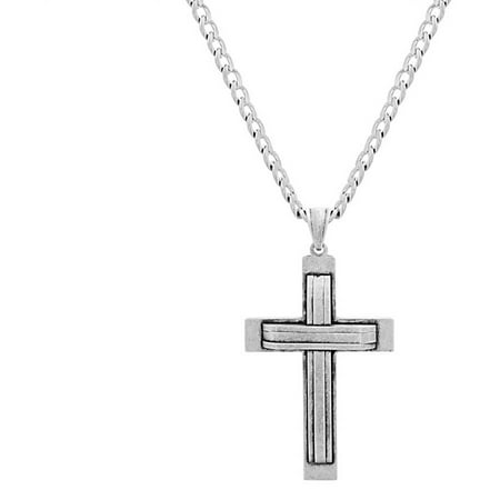 - Reinforcements Silver-Tone Stainless Steel Men's Oxidized Double-Layer Cross Pendant Curb Chain Necklace, 24