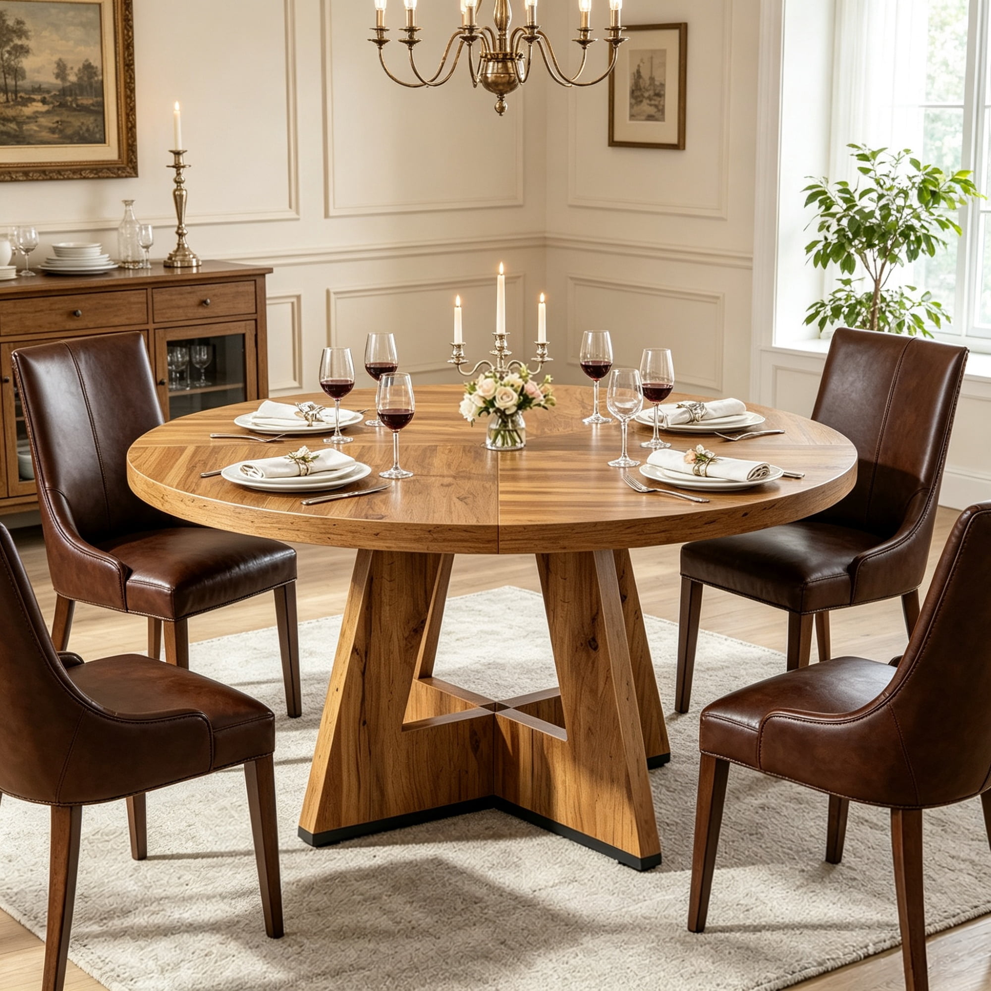 Round Farmhouse Dining Table, 47 in Diameter, Seats 4, Rustic Finish