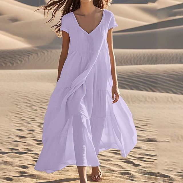 Meichang Robes en Coton et Lin pour Femmes Été Col en V Manches Courtes Volants à Étages Robes Maxi Fluides Swing Coupe Ample Longue Robe Robes de Plage en Lin pour Femmes
