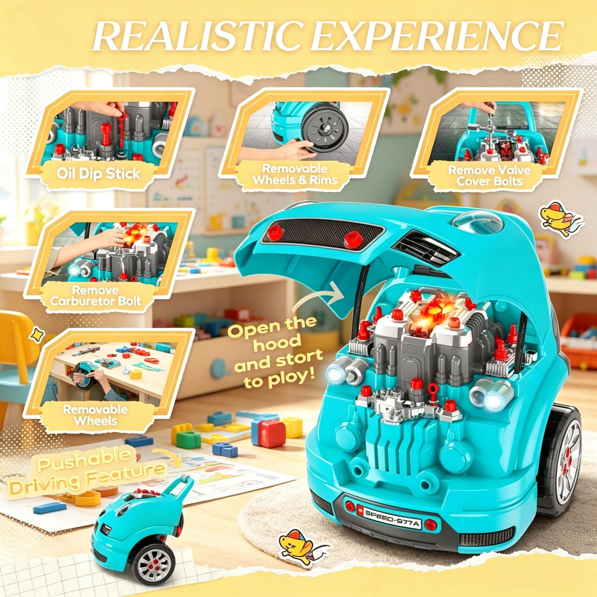 Kids Mechanic Truck Engine Toy Set, Interactive Car Service Play Set for Toddlers, Teal