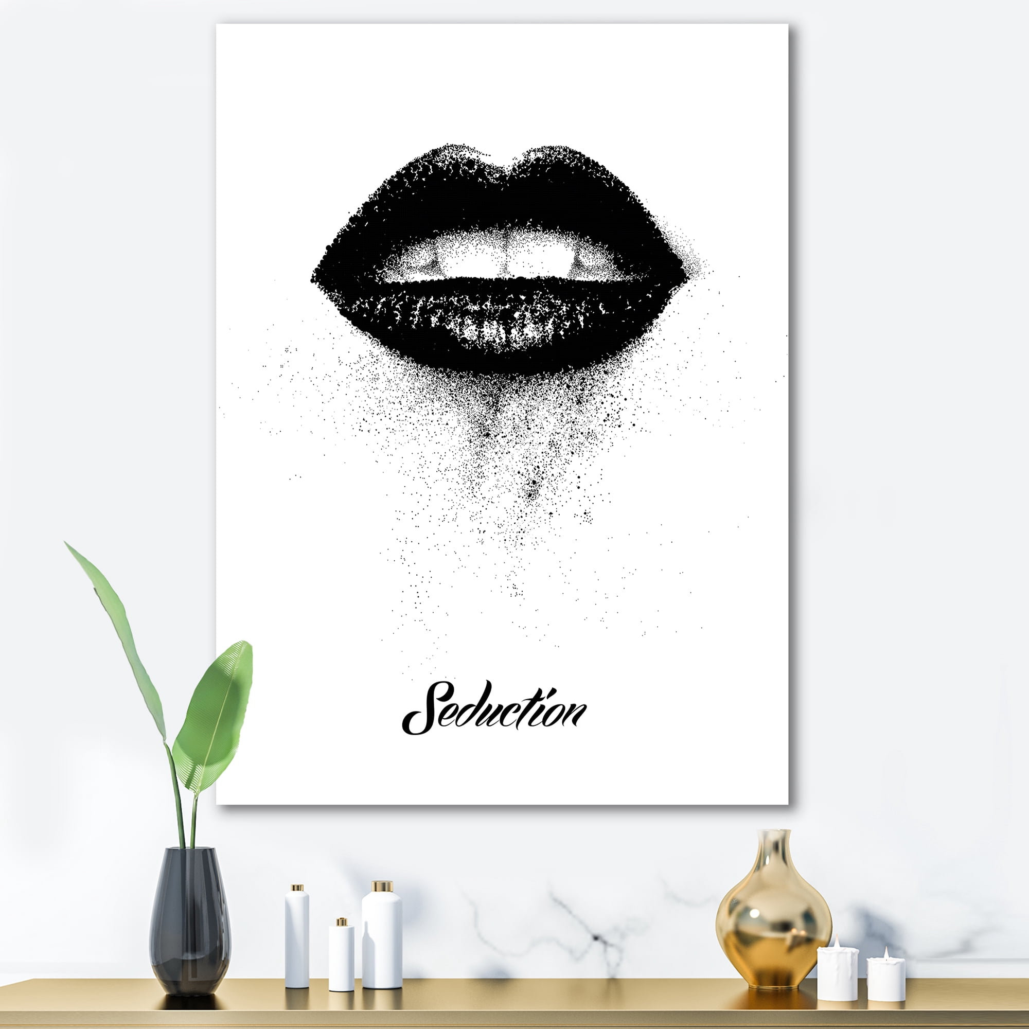 Designart ' Monochrome Black Female Lips ' Modern Canvas Wall Art Print