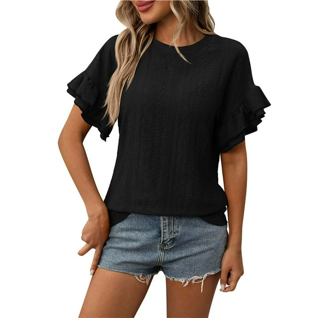 Womens Summer Eyelet Tops Ruffle Sleeve Blouse Casual Loose Fit Tunic Tees Crew Neck Solid Color T Shirt
