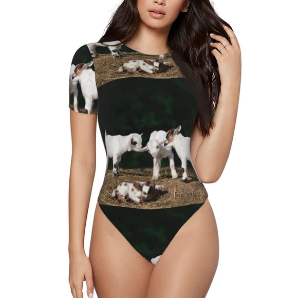 Fotbe Cute Goat Baby Body de Mujer con Cuello Redondo y Mangas Cortas, Sin Mangas Ajustado, Suave, Cómodo y Básico-Small