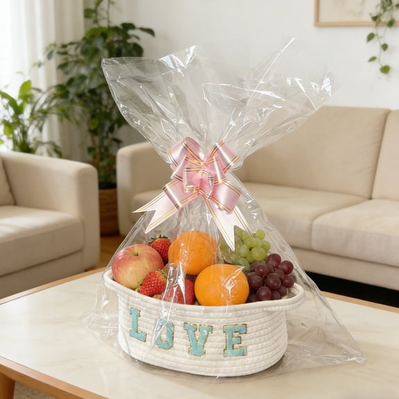 Homesteed Small Woven Basket with Handle Decorative Gift Basket with Bag and Ribbons Storage Basket for Shelf Toys or Home 12 x 8 x 5 in
