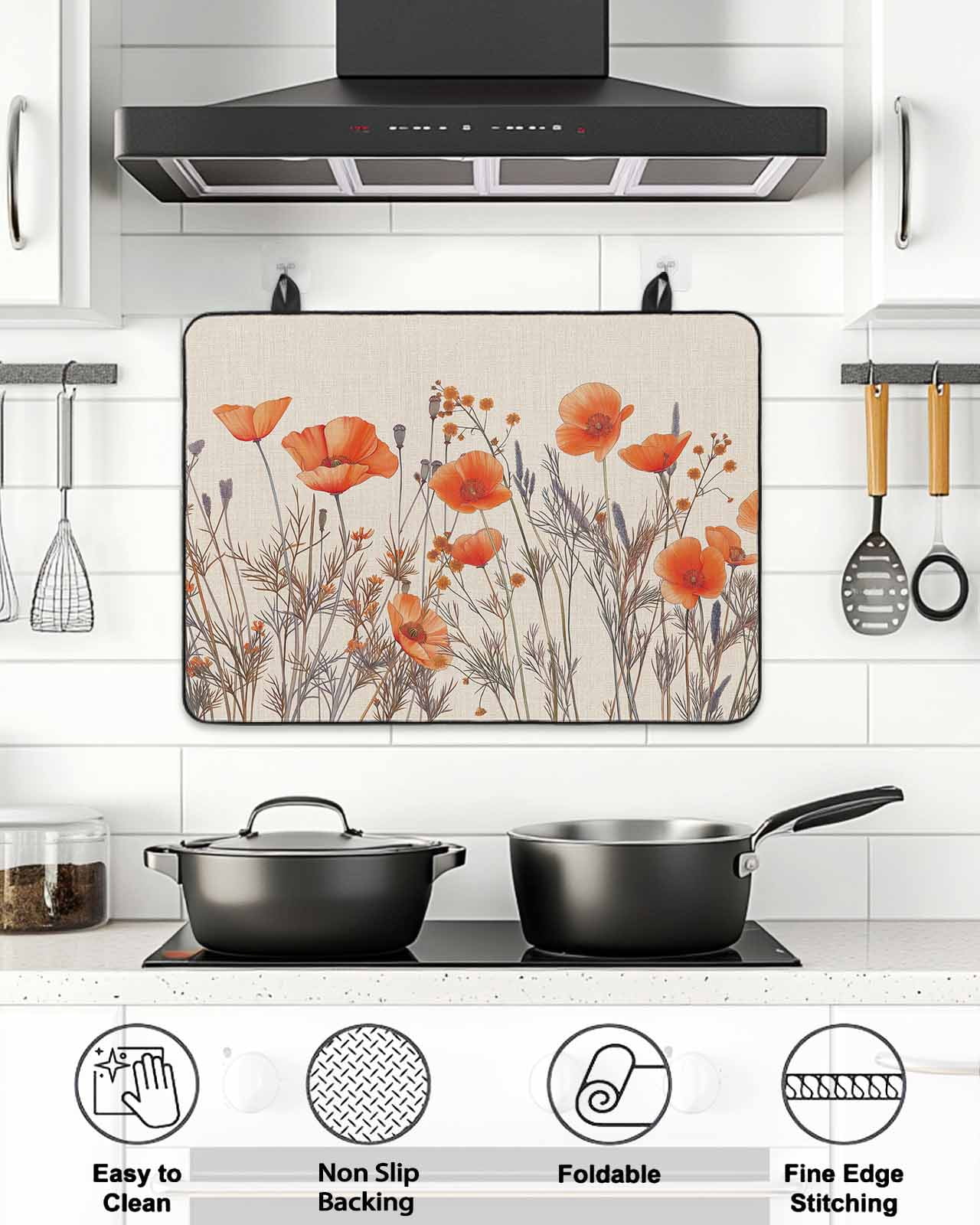 Stove Top Covers for Electric Stove, Orange Spring Floral Glass Stovetop Cover Protector, Watercolor Farmhouse Botanical Induction Cooktop Protector Oven Mat for Kitchen Countertop 24"x21"