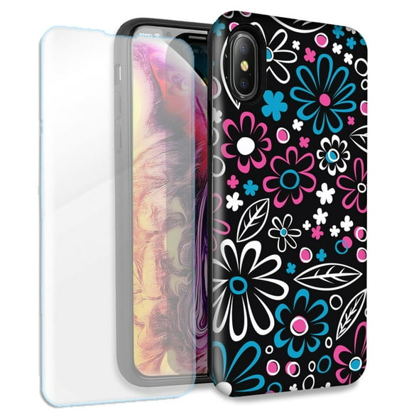 Mundaze Cute Daisies Double Layer Case w/Glass Screen Protector For Apple iPhone XS Max