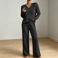 thumbnail image 2 of Women's 2 Piece Loungewear Outfits Ribbed Knit V Neck Long Sleeve Top and Wide Leg Pants Sets Soft Warm Fall Winter Casual Tracksuit Black, 2 of 7