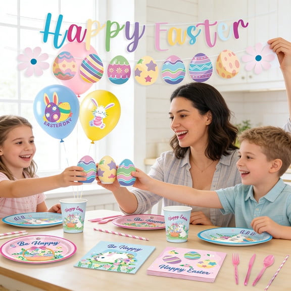 Complete 10-Person Easter Party Supplies Set - 8-Piece Kit with 7" & 9" Plates, Cups, Napkins, Banner, Balloons, Cutlery & Straws for Home Celebration