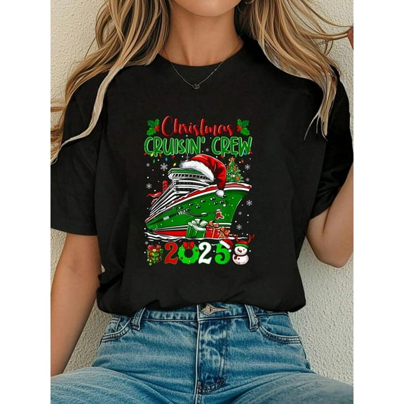Women Cotton Tshirt Christmas Cruisin Crew 2025 Matching Family Cruise Holiday T-Shirt Comfort Tshirt Women