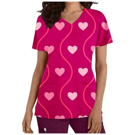 

CYMMPU Women s V-Neck Pocketed Scrub_Tops Nurse Workwear Uniform Clearance Going out Tops Summer Tees Short Sleeve Shirts Trendy Valentine s Day Tunic Love Heart Printing Fashion Tshirts Hot Pink M
