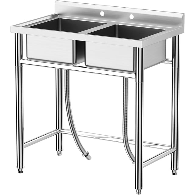 Évier Utilitaire en Acier Inoxydable 36x21x40 Po Certifié NSF, Autoportant, à Double Bol, Évier Commercial avec Tablette de Rangement pour Cuisine, Buanderie, Restaurant, Garage, Ferme, Extérieur