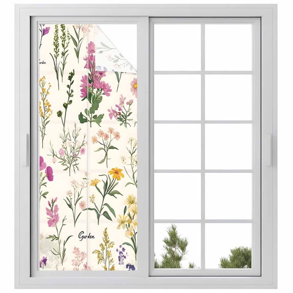 Wildflowers Window Privacy Film Vintage Floral Linen Texture Decorative Glass Window Film UV Blocking Static Cling Non-Adhesive Sticker Covering for Home Door 23.6 x 59 inches
