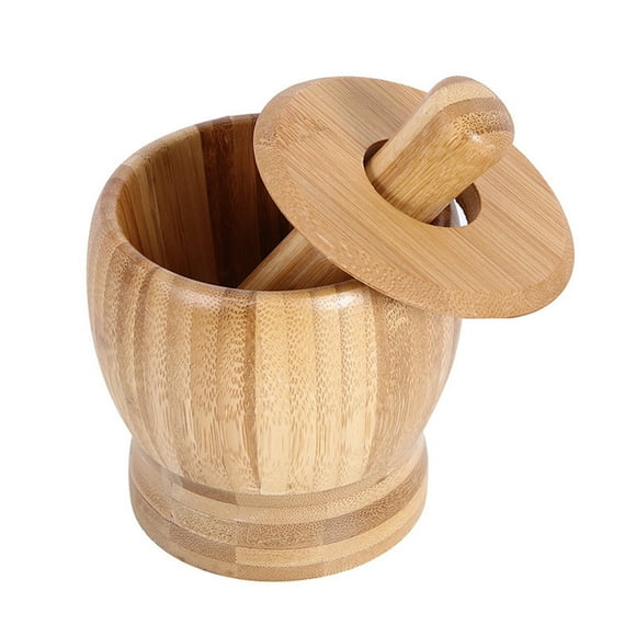 EeaseMX Juego de mortero y maja de bambú para prensar ajos, molinillo de alimentos para el hogar, accesorios de cocina para el hogar, restaurante, cocina con tapa (color tronco, tamaño grande)