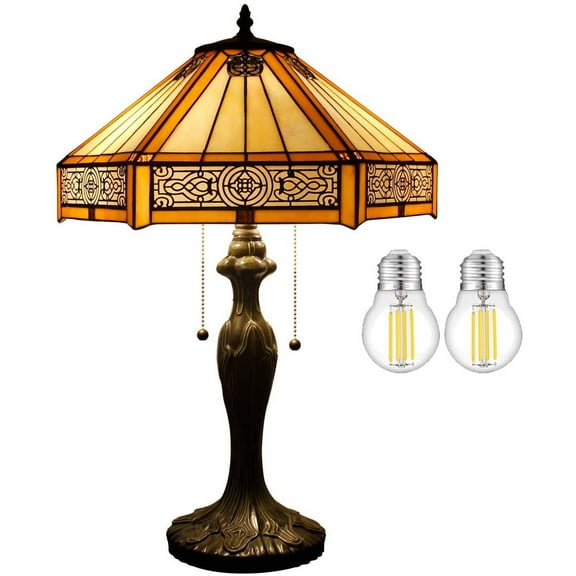 Tiffany Table Lamp for Living Room, Stained Glass Bedside Lamp for Bedroom, Industrial Metal Base 24" Tall Farmhouse Desk Light Yellow Hexagon Mission Luxurious Style WERFACTORY LED Bulb Included