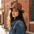 thumbnail image 6 of Qwertyu Wide Brim Western Cowboy Cowgirl Hat with Wind Lanyard Felt Fedora Hat for Men Women Orange, 6 of 6
