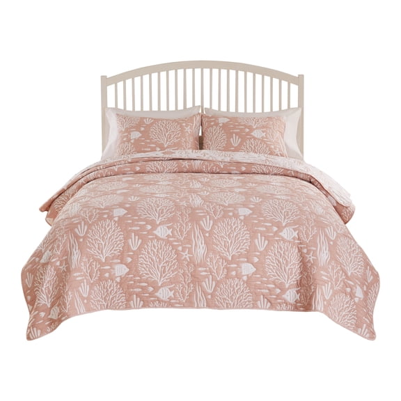 Amy 3 Piece King Quilt Set, Theme, Soft Pink White Polyester