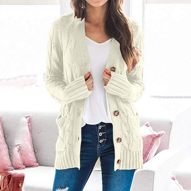 Cardigan Chandail d'Hiver pour Femmes Manches Longues Ouvert Manteau Tricoté avec Poche