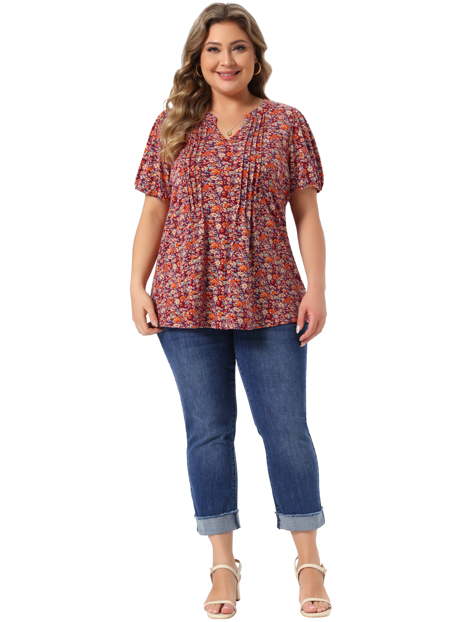 DARING DIVA Women's Plus  Pleated T-Shirts Notched V Neck Floral Tops 1X Wine Red