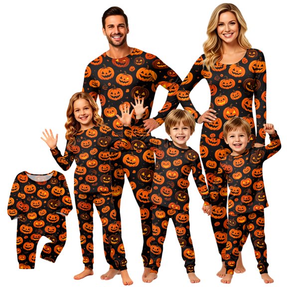 Halloween Family Pajamas Set Long Sleeve Crew Neck, Soft Matching Halloween Pajamas with Pumpkin Ghost Print, Cute Family Halloween Pajama Set for Party