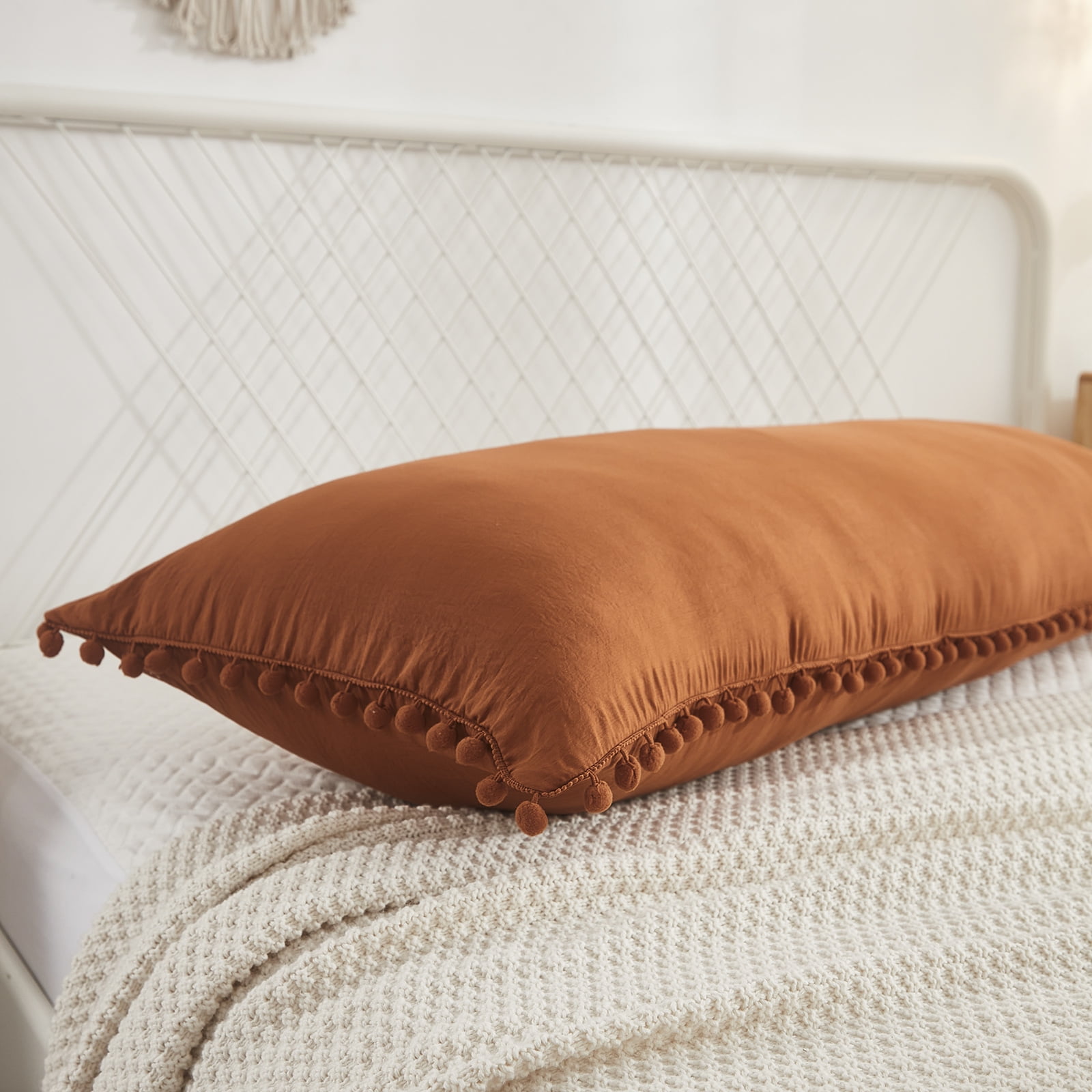 Move Over Burnt Orange Pillow Cover 20x54" Boho Chic Pom Poms Fringe Pattern Body Pillowcase 100% Washed Microfiber