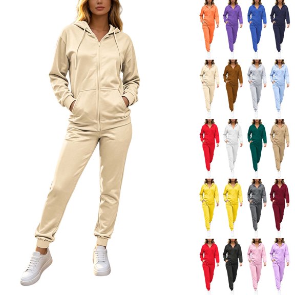 ZUBMGKTE 2 Piece Lounge Sets for Women Zip Up Hooded Cardigan Oversized Sweatshirt Full Length Sweatpants Matching Set, Solid Color Casual Athleisure Tracksuit With Side Pockets S_3XL