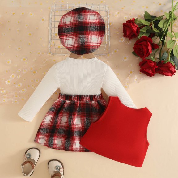 YWIYIUD Toddler Girls Plaid Outfits 3 Piece Ribbed Knit Long Sleeve Plaid Dress and Button Down Vest with Hat Set Toddler Holiday Girl Dress Fall Winter Outfits for Toddler Girls 18-24 Months